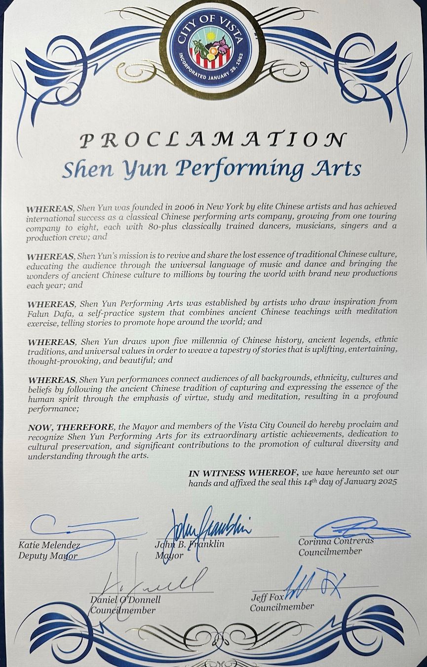 '图9:圣地亚哥县维斯塔市(City of Vista)给神韵艺术团的褒奖状。(明慧网)'