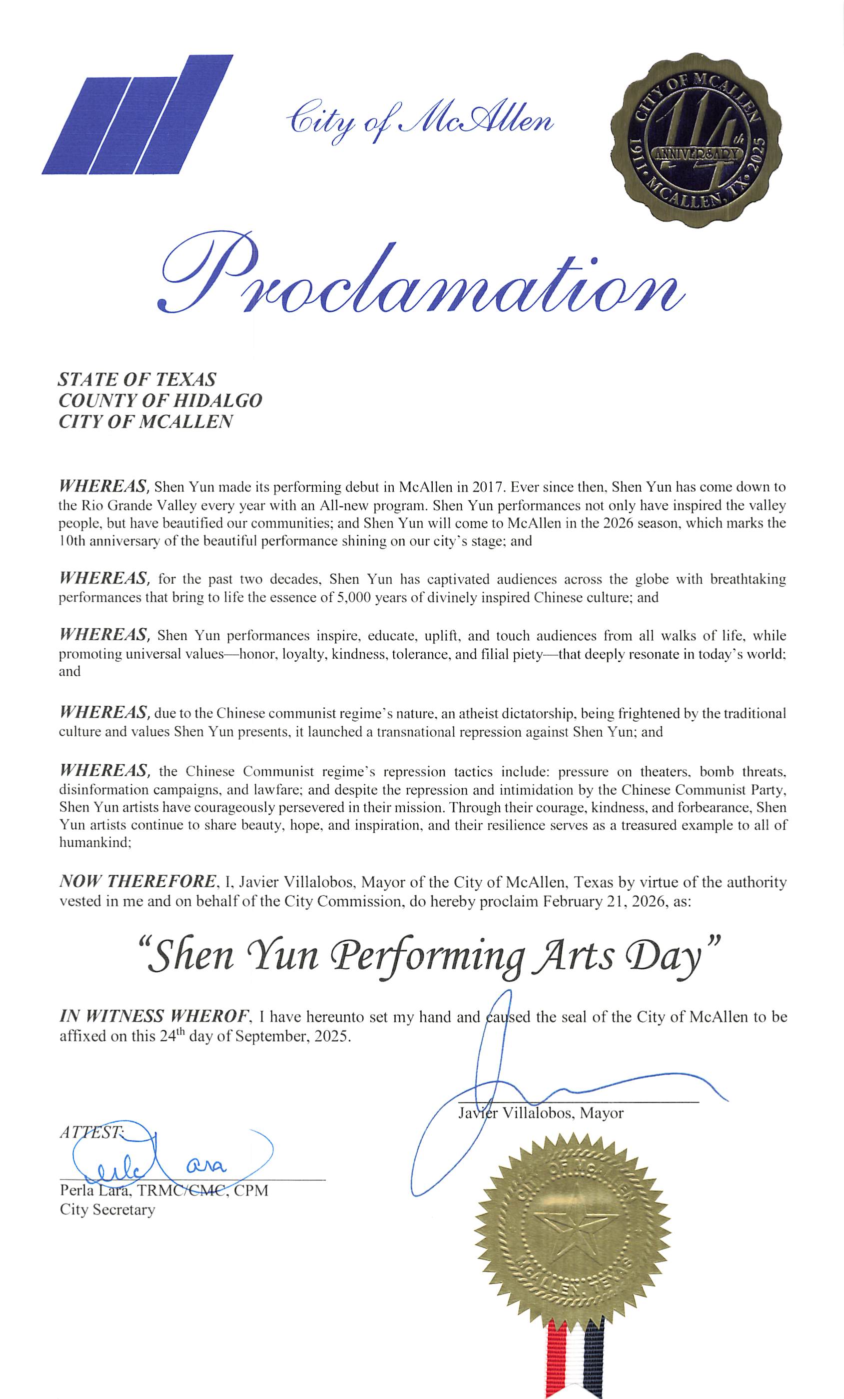 图:美国德州麦卡伦市长正式签署“神韵艺术团日”公告