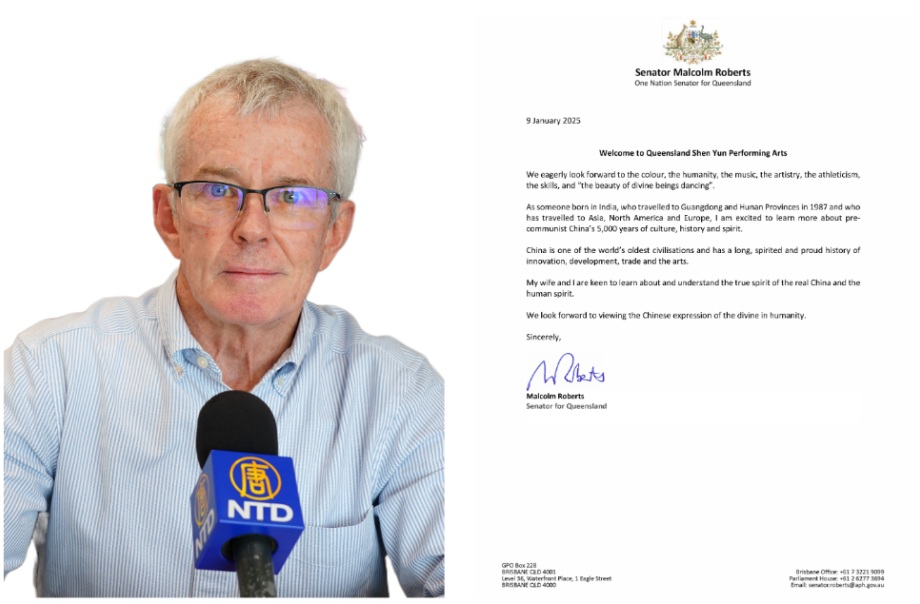 图5:澳洲联邦参议员马尔科姆·罗伯茨(Senator Malcolm Roberts)先生的贺信。(明慧网合成)