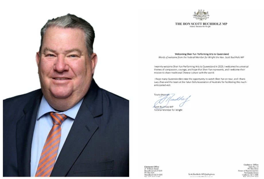 图6:澳洲联邦议员、贸易投资增长联合常设委员会副主席斯科特·布赫霍尔茨(Hon Scott Buchholz MP)先生的贺信。(明慧网合成)
