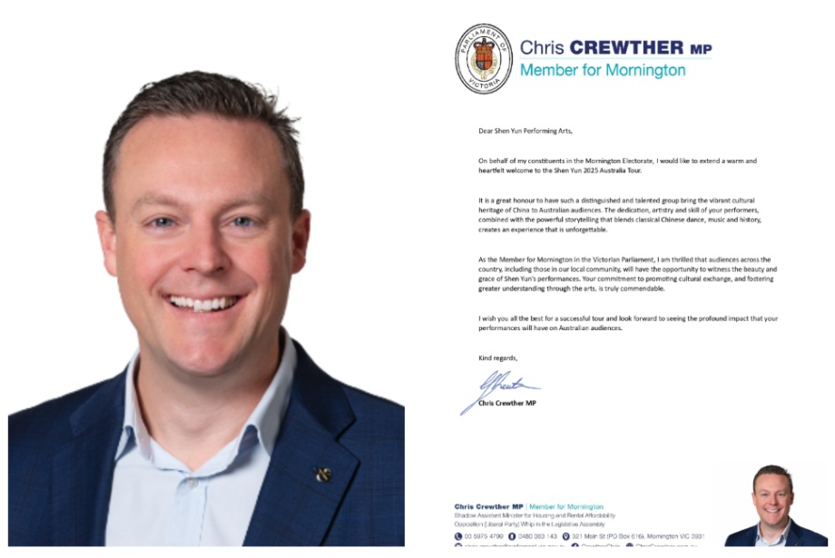 图9:维州议员、影子内阁助理厅长克里斯·克鲁瑟议员(Chris Crewther MP)先生的贺信。(明慧网合成)