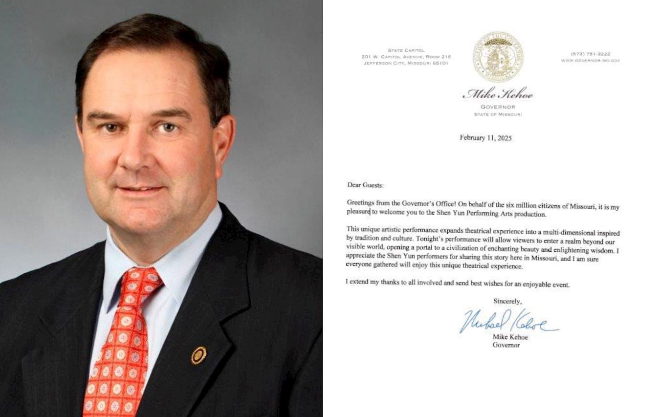 '图1:美国密苏里州州长迈克·基霍(Mike Kehoe)发来贺信。(明慧网合成)'