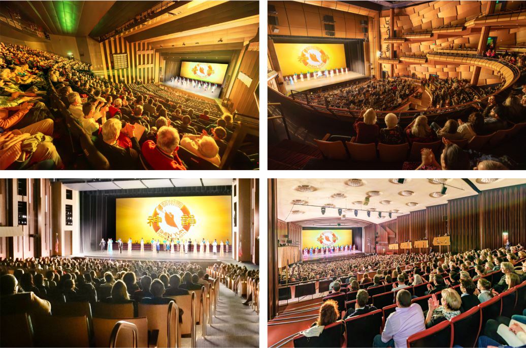 '图12:过去一周,神韵在各地演出盛况。左上:二零二五年二月十二日下午,神韵新纪元艺术团在法国图尔国际会议中心(Palais des Congrès de Tours)进行的第五场演出爆满。左下:二月十五日,神韵新世界艺术团在美国德州休斯顿CFISD视觉与表演艺术中心(CFISD Visual and Performing Arts Center)的加场演出满场,现场气氛热烈,观众好评如潮。右上:二月十二日晚,神韵北美艺术团在美国亚利桑那州梅沙市梅萨艺术中心–池田剧院(Ikeda Theater at Mesa Arts Center)的演出爆满。右下:二月十四日晚,美国神韵国际艺术团在德国鲁尔河畔米尔海姆的城市剧院戏剧厅(Stadthalle Mülheim an der Ruhr –Theatersaal)的第三场演出大爆满。(明慧网合成)'