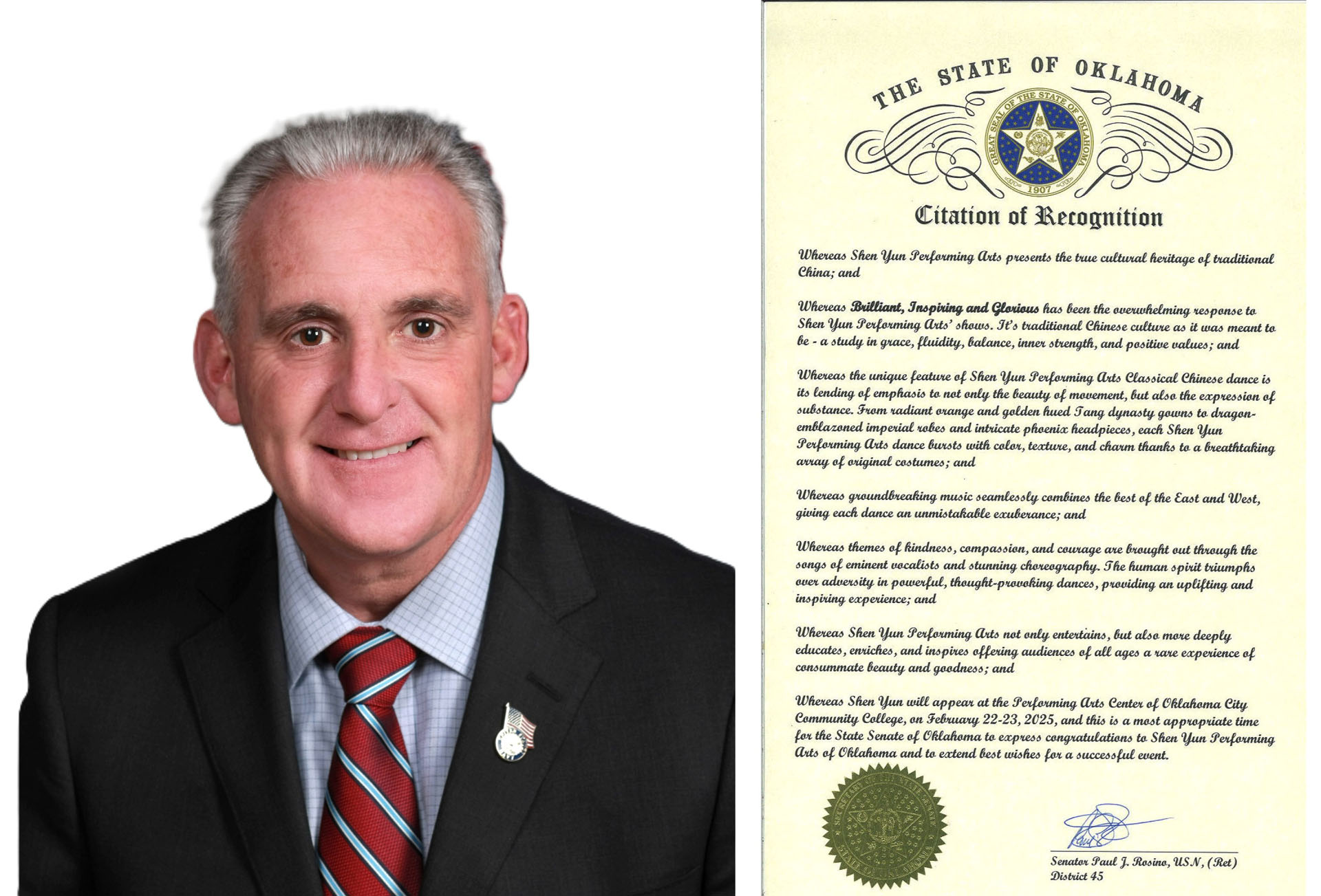 图4:俄克拉荷马州参议员、退役美国海军资深士官长保罗·J·罗西诺(Paul J. Rosino)在神韵于二零二五年二月二十二日莅临俄克拉荷马城之前,颁授褒奖令。(大<span style='max-width:0px!important;margin-left:-4px;color:#eee!important;'>.</span>纪<span style='max-width:0px!important;margin-left:-4px;color:#eee!important;'>.</span>元<span style='max-width:0px!important;margin-left:-4px;color:#eee!important;'>;</span>)