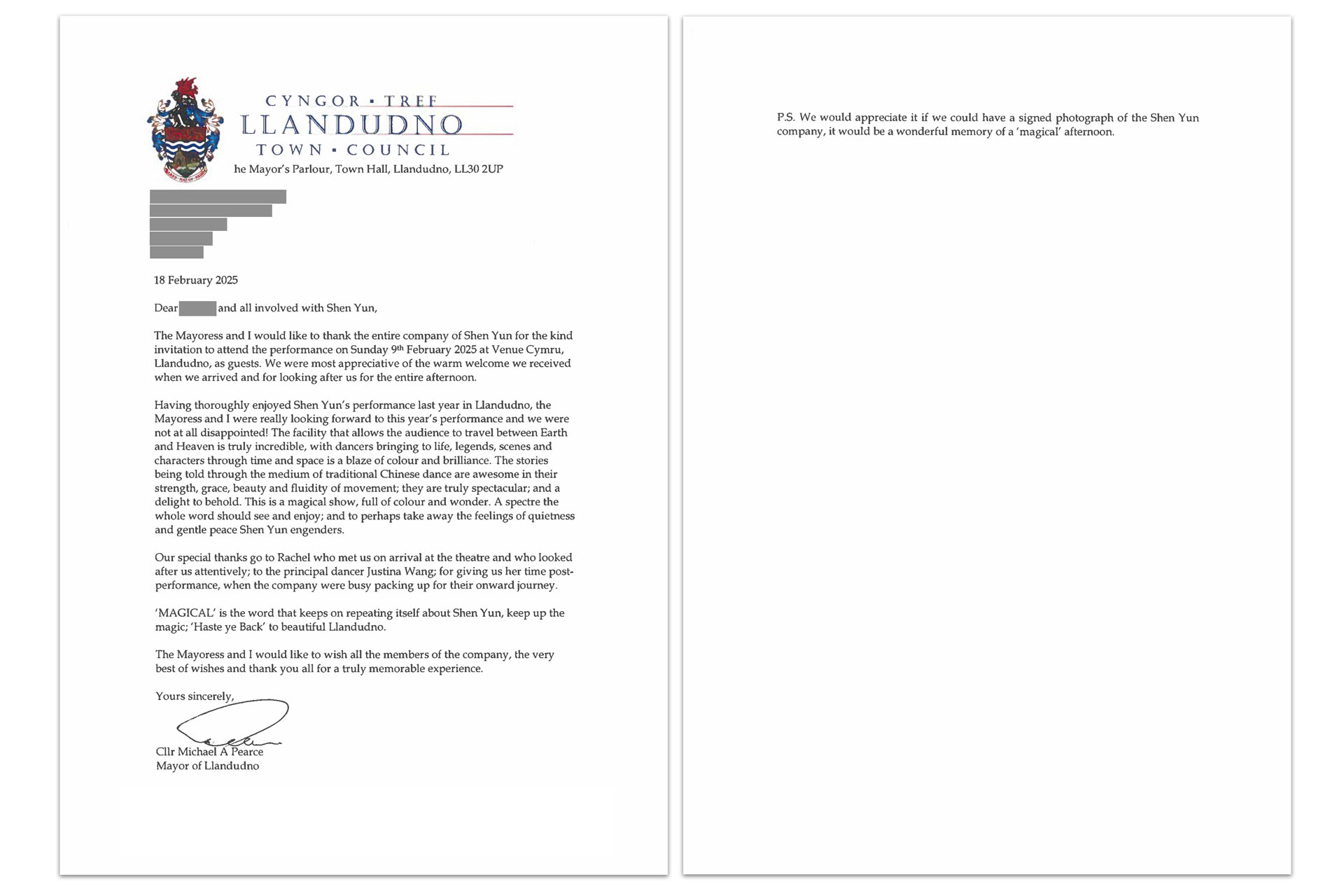 图13:二零二五年二月十八日,英国兰迪德诺市(Llandudno)市长麦克·皮尔斯 (Michael Pearce)致信神韵主办方,赞神韵是全世界的瑰宝。