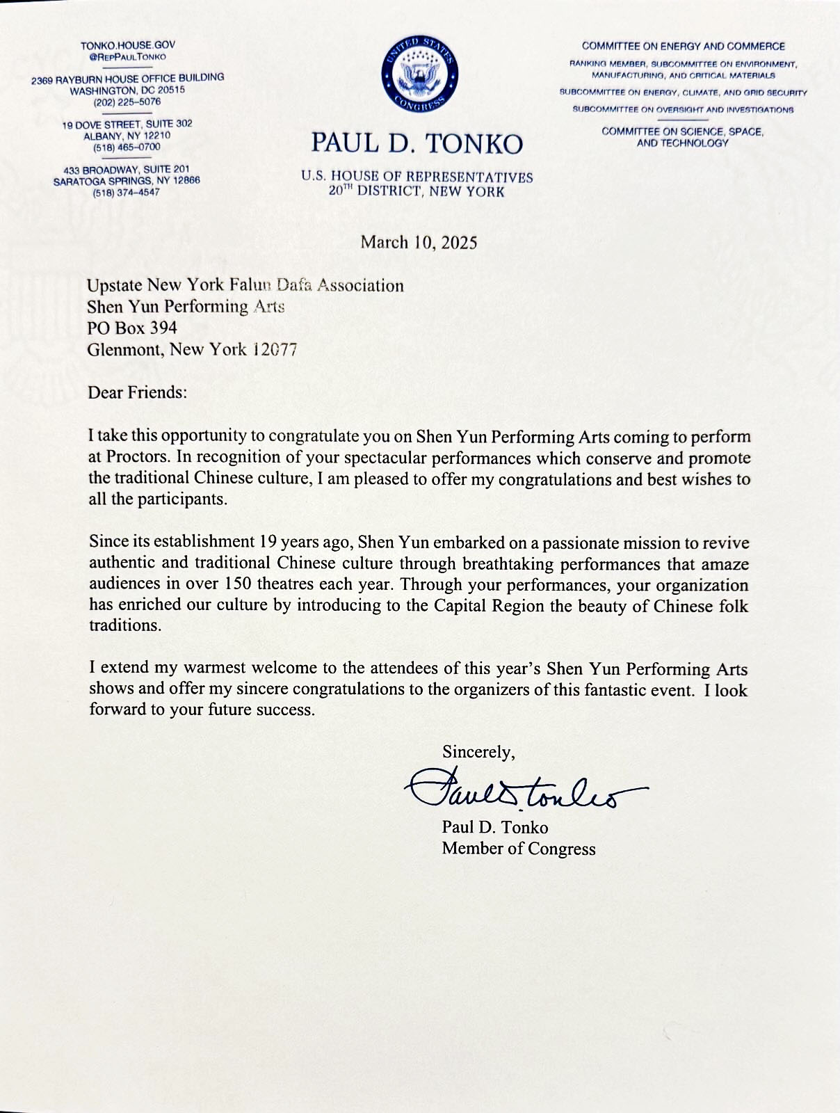 图2:美国纽约州联邦众议员、众议院能源和商业委员会首席成员保罗‧D‧通科(Paul D. Tonko)的贺信。