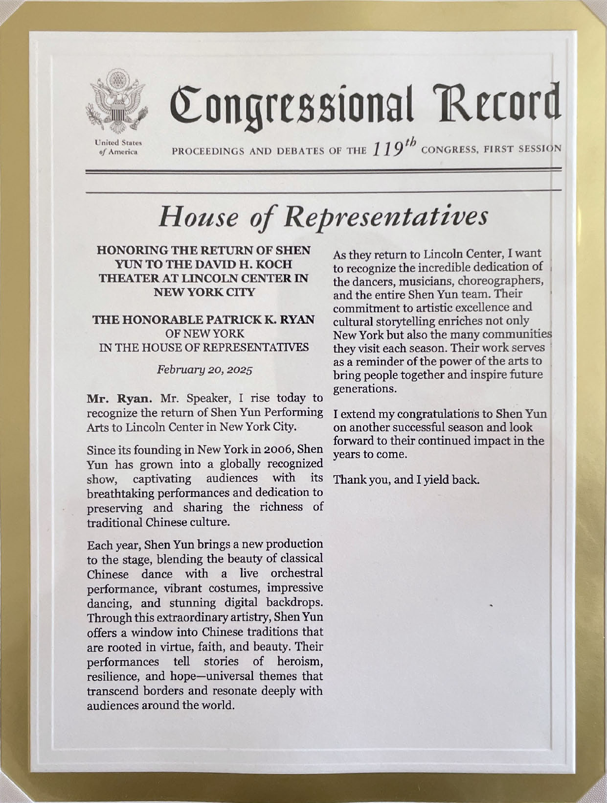 图3:二零二五年二月二十日,纽约州第18区联邦众议员派崔克‧瑞安(Patrick Ryan)在众议院议事辩论会上发言表彰神韵。图为国会刊出的发言全文。
