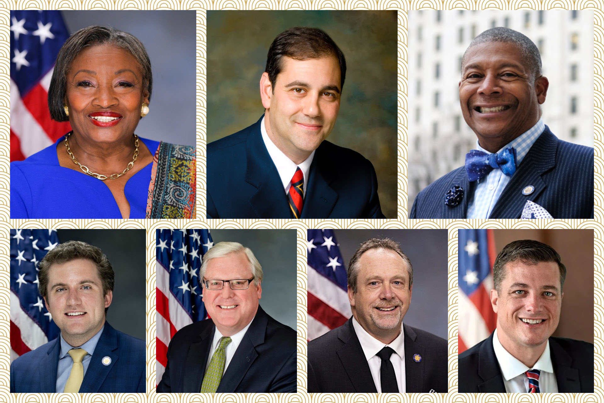 图5:七位州参议员先后发来褒奖令与贺信,他们是:(上行左至右)纽约州参议院多数党领袖安德里亚‧斯图尔特-考辛斯(Andrea Stewart-Cousins)、纽约州参议院少数党副领袖安德鲁‧J‧兰扎(Andrew J. Lanza)、纽约州参议院银行委员会主席詹姆斯‧桑德斯(James Sanders Jr.)、(下行左至右)州参议院调查和政府运作委员会主席詹姆斯‧斯科菲斯(James Skoufis)、资深州参议员托马斯‧F‧奥马拉(Thomas F. O’Mara)、州参议员彼得‧奥伯拉克(Peter Oberacker)、州参议员杰克‧阿什比(Jake Ashby)。(大<span style='max-width:0px!important;margin-left:-4px;color:#eee!important;'>.</span>纪<span style='max-width:0px!important;margin-left:-4px;color:#eee!important;'>.</span>元<span style='max-width:0px!important;margin-left:-4px;color:#eee!important;'>;</span>合成)