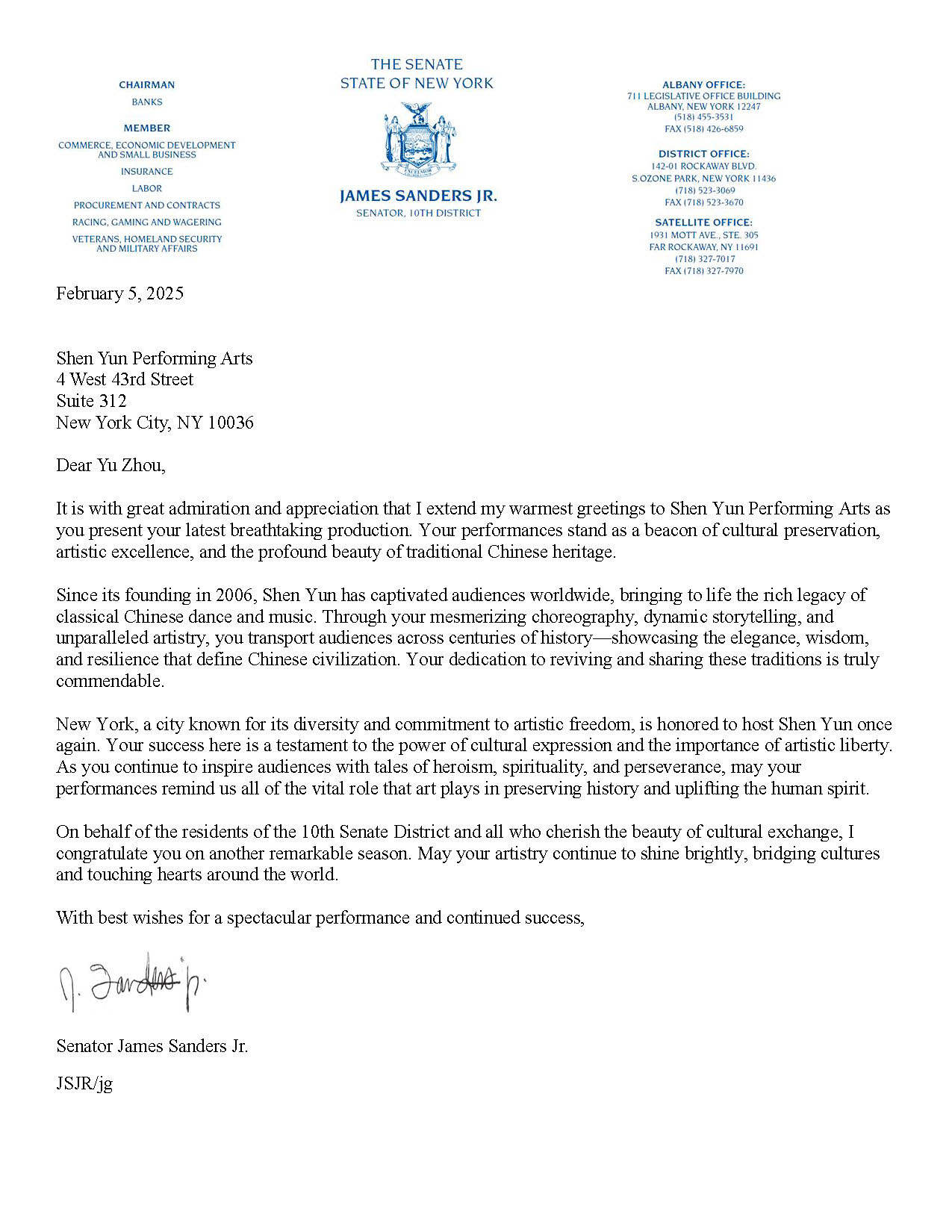图8:二零二五年二月,纽约州参议院银行委员会主席、第10区州参议员小詹姆斯‧桑德斯(James Sanders Jr.)向神韵致信问候。(大<span style='max-width:0px!important;margin-left:-4px;color:#eee!important;'>.</span>纪<span style='max-width:0px!important;margin-left:-4px;color:#eee!important;'>.</span>元<span style='max-width:0px!important;margin-left:-4px;color:#eee!important;'>;</span>)