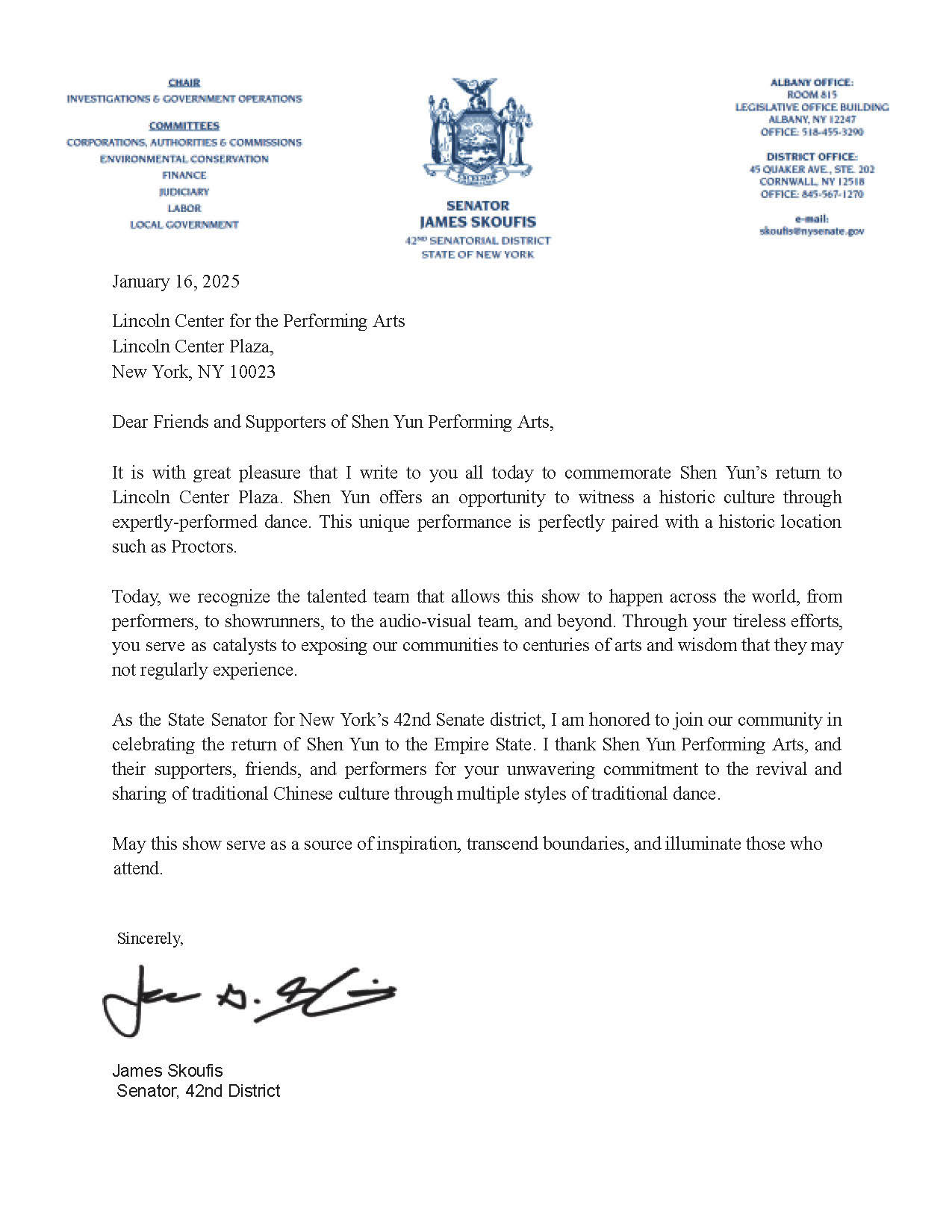 图9:二零二五年一月,纽约州参议院调查和政府运作委员会主席、第42区州参议员詹姆斯‧斯科菲斯(James Skoufis)给神韵艺术团发来贺信。(大<span style='max-width:0px!important;margin-left:-4px;color:#eee!important;'>.</span>纪<span style='max-width:0px!important;margin-left:-4px;color:#eee!important;'>.</span>元<span style='max-width:0px!important;margin-left:-4px;color:#eee!important;'>;</span>)