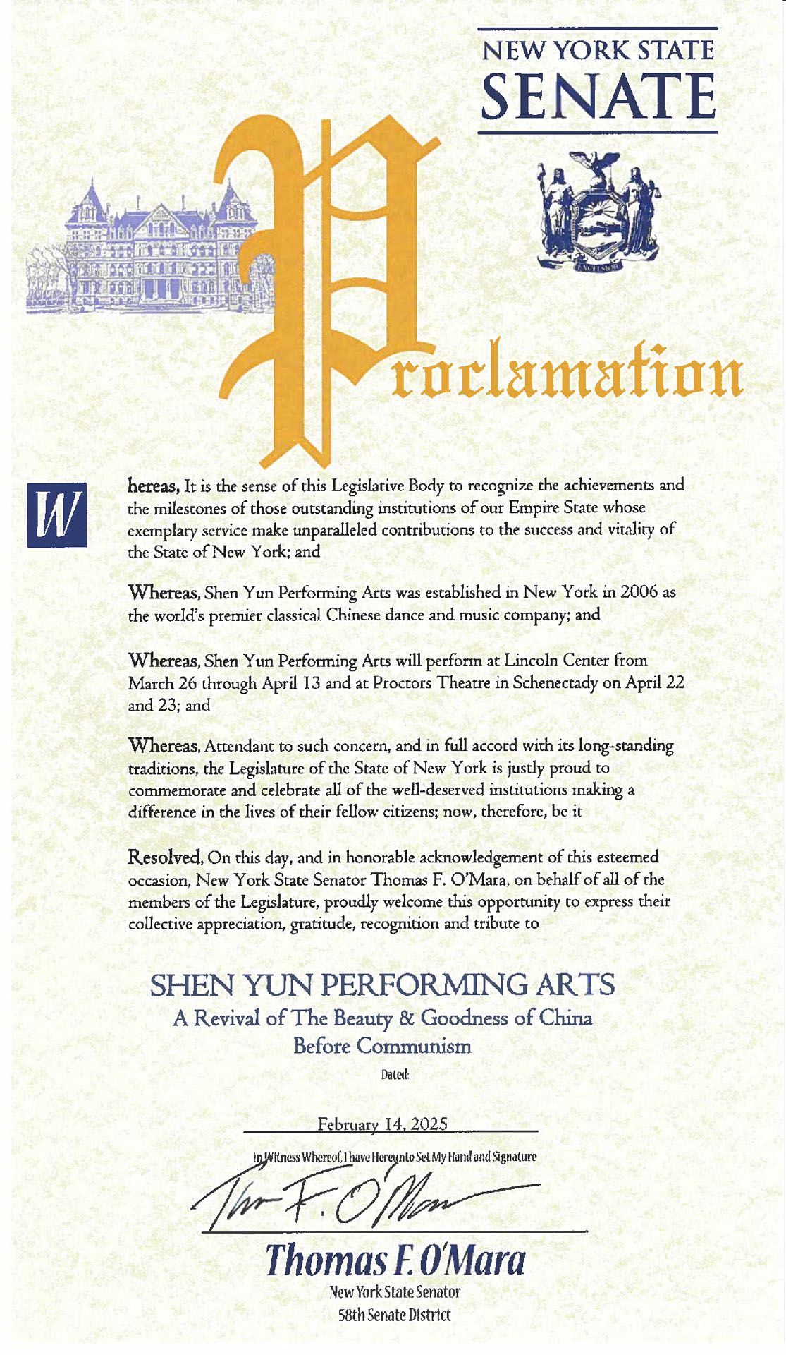 图10:二零二五年二月,纽约州58区资深州参议员托马斯‧F‧奥马拉(Thomas F. O’Mara)颁发褒奖状予神韵艺术团。(大<span style='max-width:0px!important;margin-left:-4px;color:#eee!important;'>.</span>纪<span style='max-width:0px!important;margin-left:-4px;color:#eee!important;'>.</span>元<span style='max-width:0px!important;margin-left:-4px;color:#eee!important;'>;</span>)