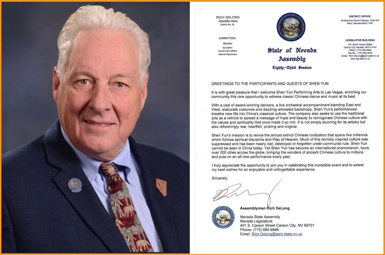 '图2:美国内华达州第26区州众议员里奇·德郎(Rich DeLong)的贺信,祝愿神韵演出圆满成功。(明慧网合成)'