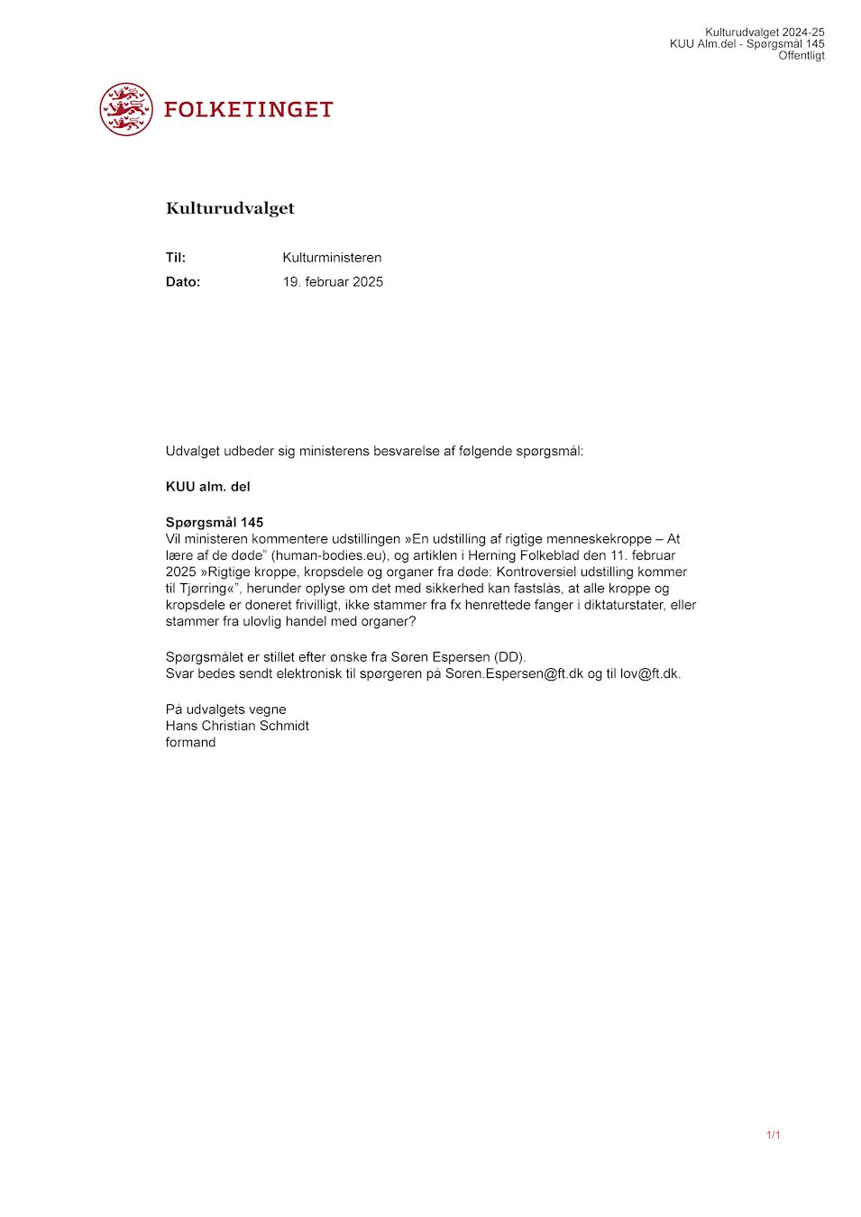 '图2:丹麦民主党资深议员,宗教委员会主席索伦·埃斯博森向文化大臣提出质询。'