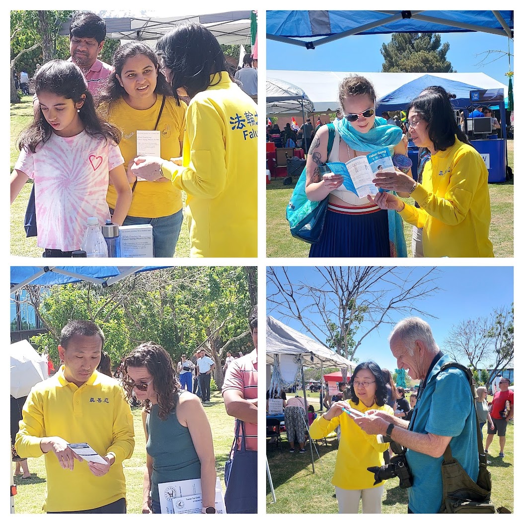 图1~4:二零二五年四月五日,凤凰城法轮功学员在吉尔伯特地球村节中向民众讲述法轮功真相。