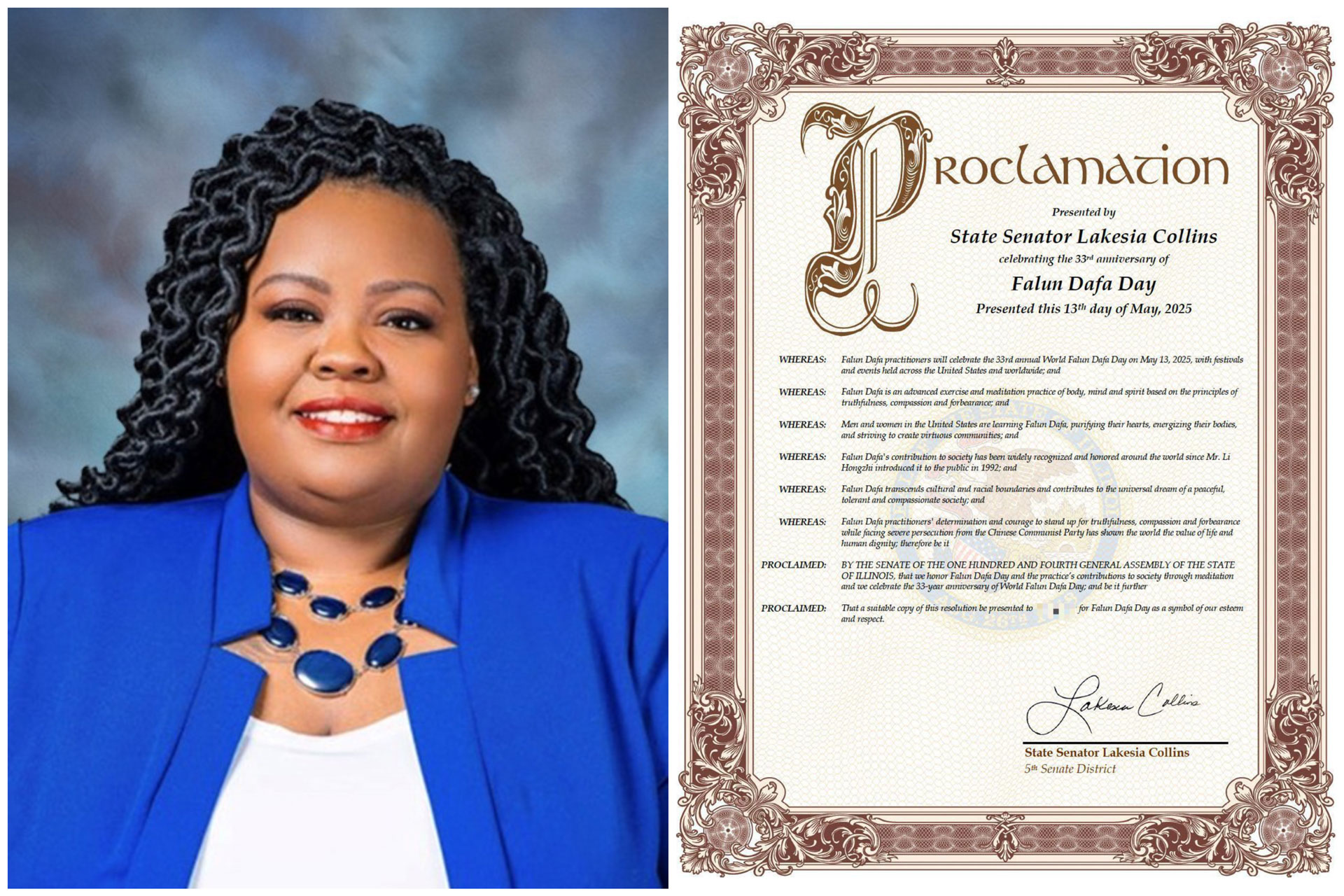 图:州参议员莱克西亚·柯林斯和褒奖令