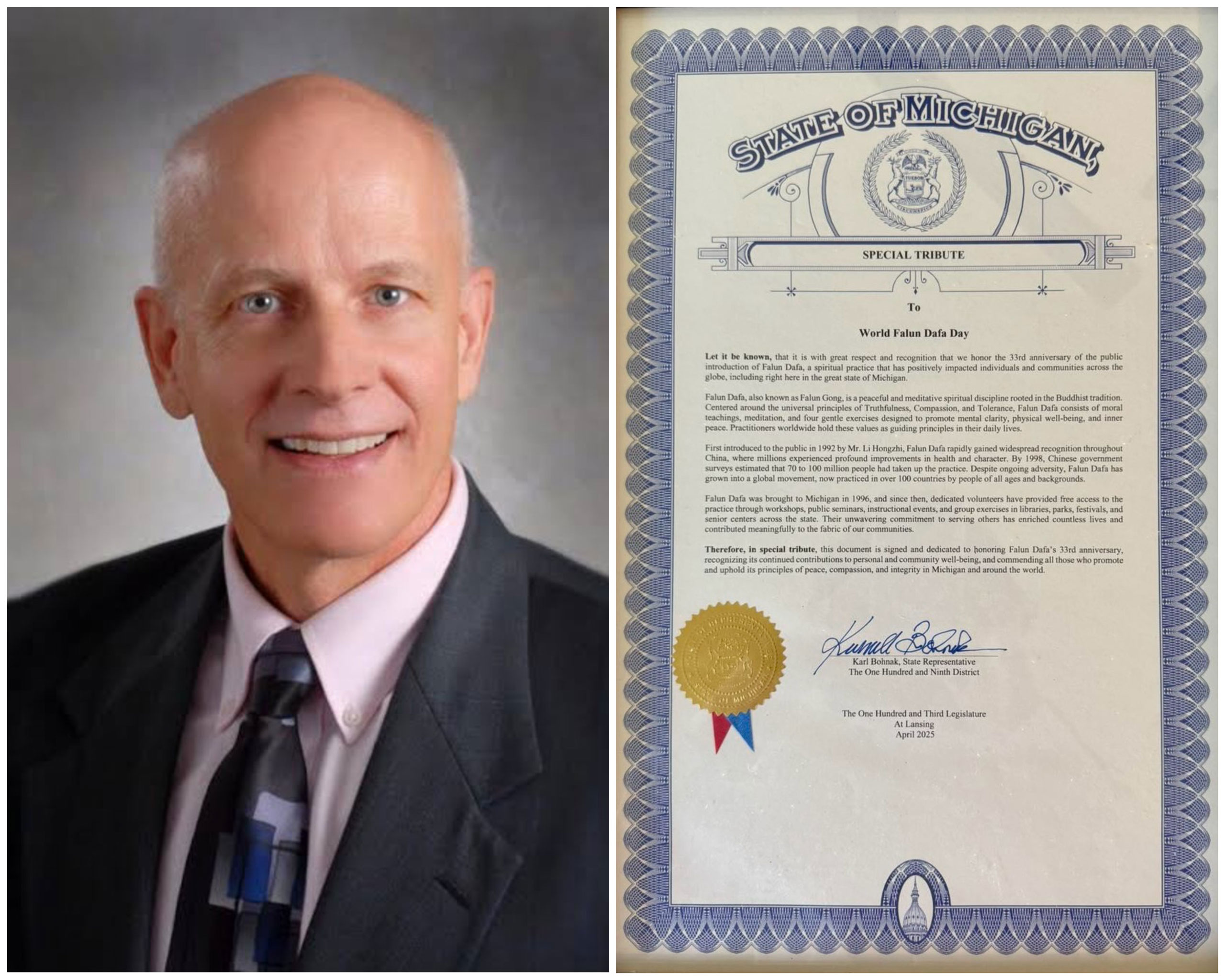 图:州众议员卡尔·博纳克(Karl Bohnak)和褒奖令