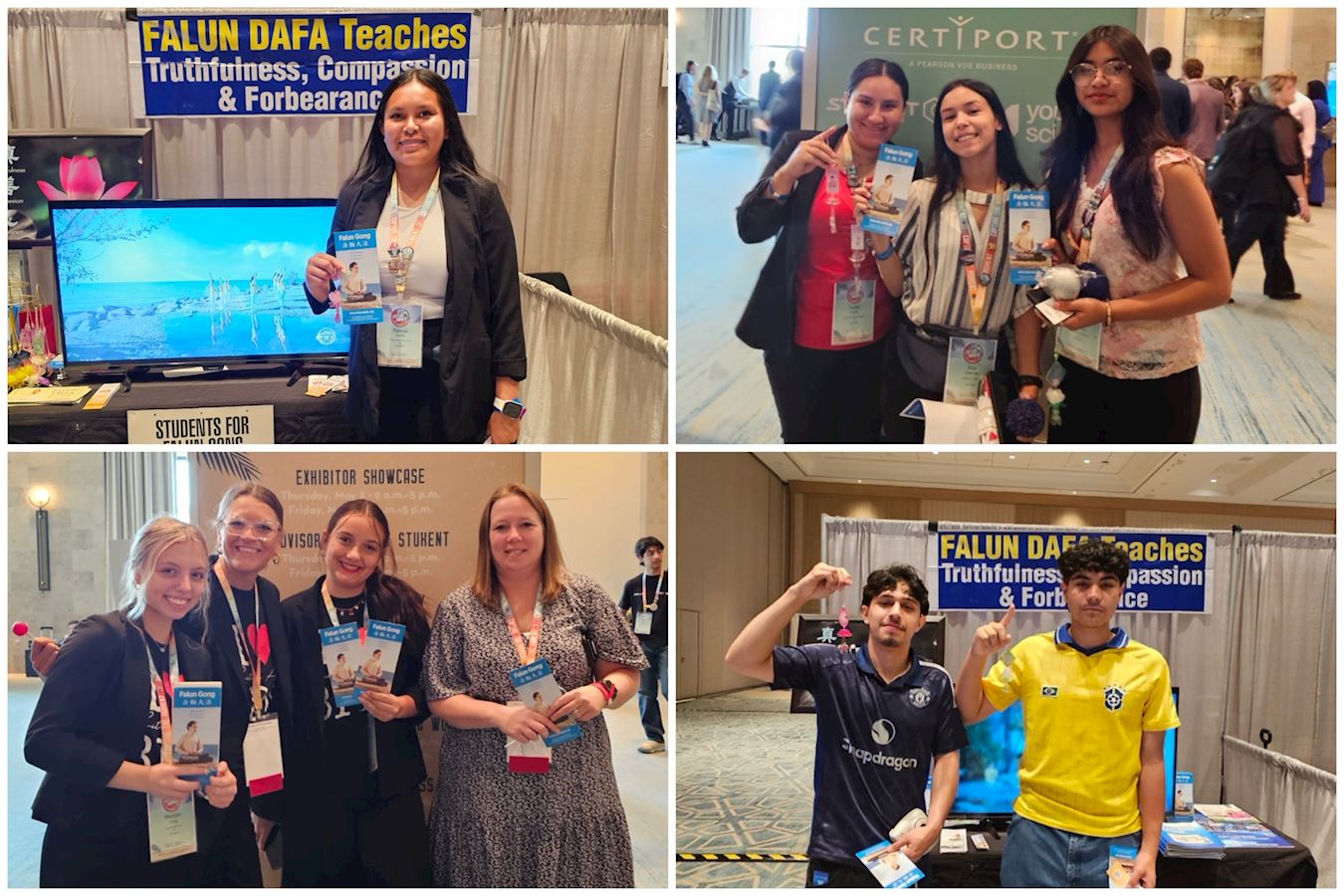 '图1~2:许多学生在法轮功的展位了解真相,合照表示支持法轮大法'