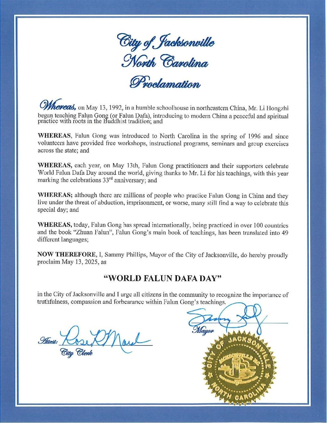 '图1:杰克逊维尔市长萨米·菲利普斯颁发褒奖,祝贺二零二五年“世界法轮大法日”。'