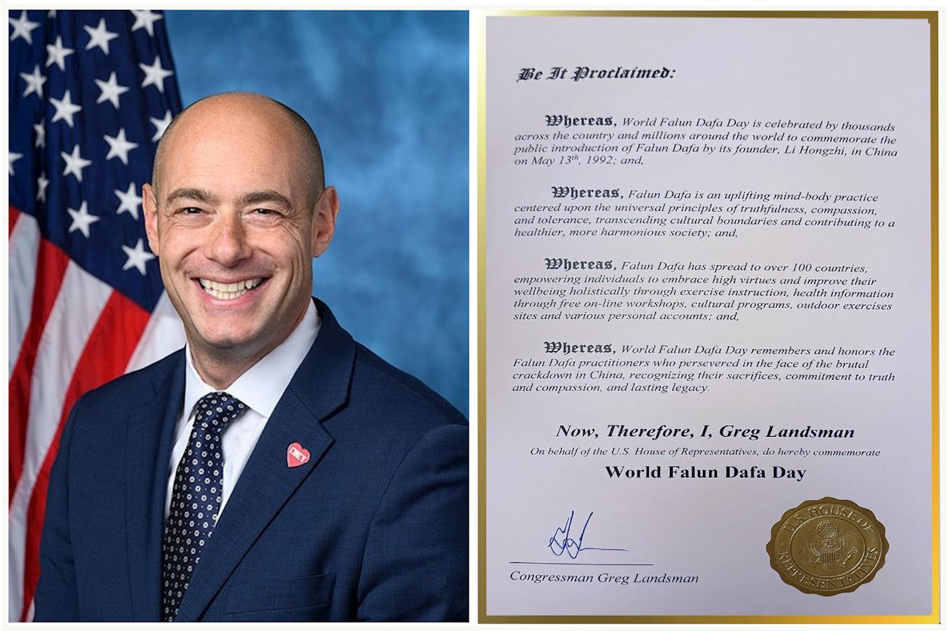 '图2:众议员格雷格‧兰兹曼(Greg Landsman)表彰世界法轮大法日。'