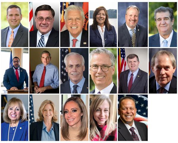 '图1:第一排从左至右:橙县县长史蒂文·纽豪斯;苏福克县县长爱德华·罗梅恩;拿骚县县长布鲁斯·布莱克;达奇斯县县长苏·塞里诺;橙县地方检察官大卫·胡夫;'