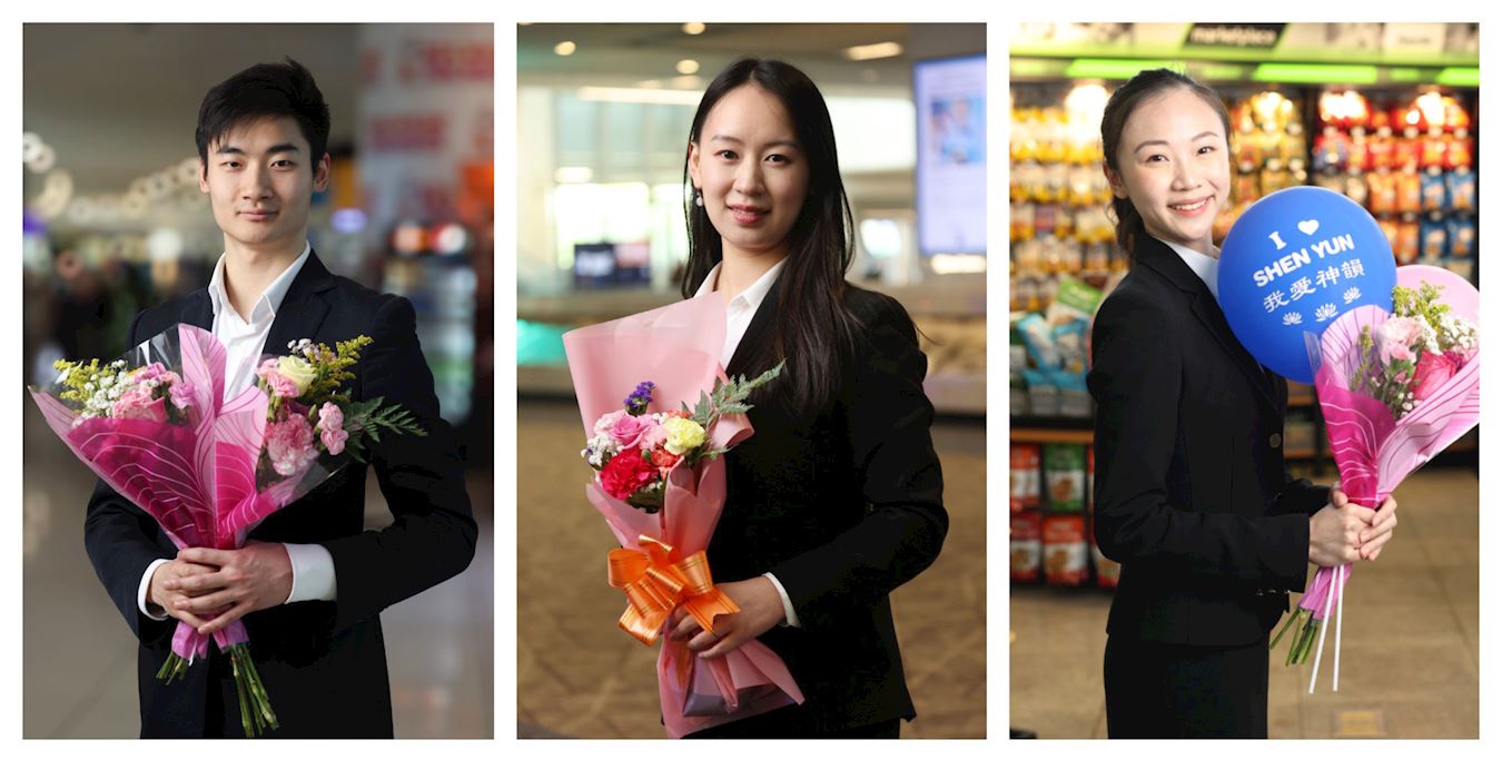 '图2:神韵艺术团艺术家在机场接受了采访。从左至右:领舞演员肖大卫、长笛演奏家黄子蓉、领舞演员范徽怡。(明慧网合成)'