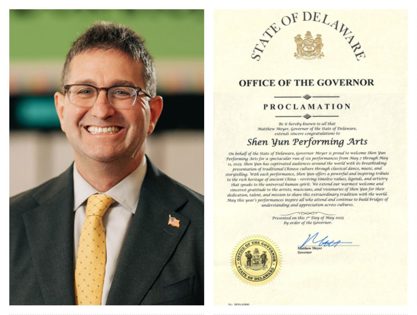 '图8:特拉华州州长马修・迈耶(Matt Meyer)向神韵艺术团颁发褒奖。(明慧网合成)'