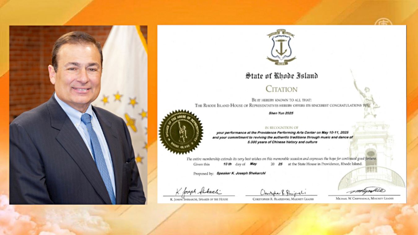 '图9:二零二五年五月十日至十一日,神韵巡回艺术团莅临美国罗德岛州,为普罗维登斯带来三场演出。演出前夕,由罗德岛州众议会议长谢卡奇(K.Joseph Shekarchi)提案,并由多位领袖联名签署,向神韵艺术团颁发褒奖。(由神韵主办方提供)'