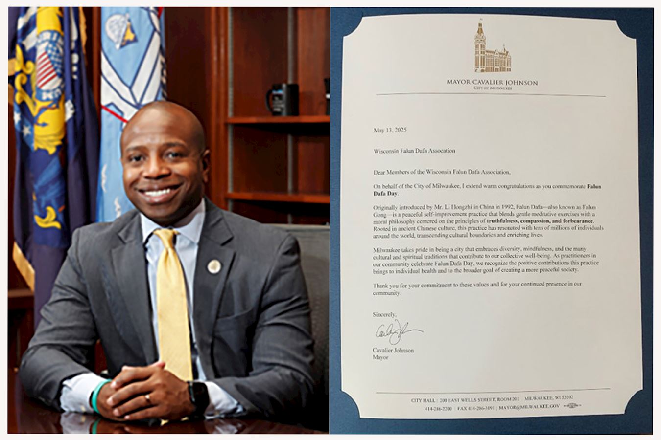 '图2:密尔沃基市长卡瓦利尔·约翰逊先生发来了诚挚的贺信。'