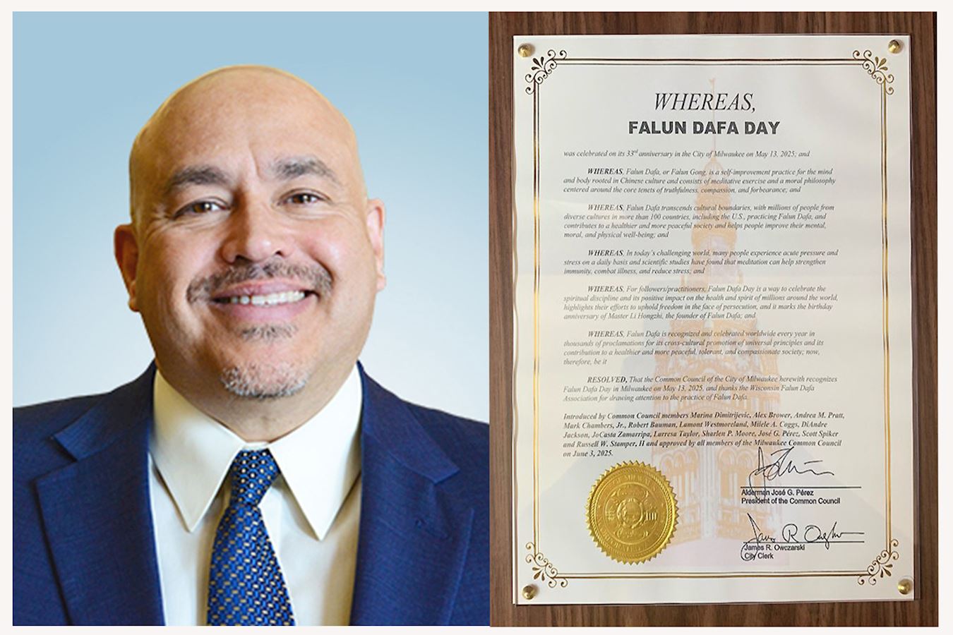 '图3:密尔沃基市共同理事会主席何塞·G·佩雷斯与全体理事会成员共同签署了“密尔沃基市庆祝‘法轮大法日’”的决议。'