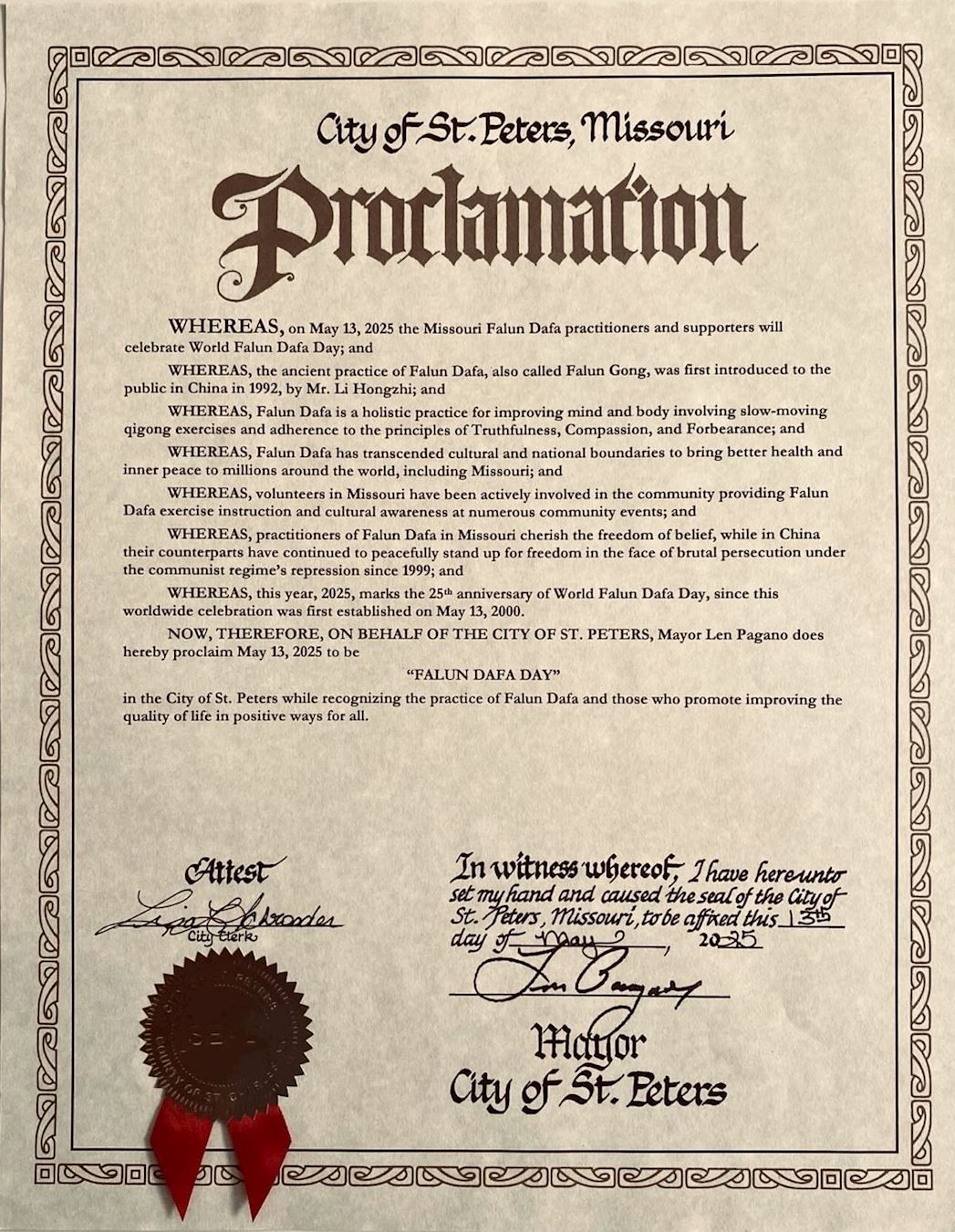 '图1:美国密苏里州的圣彼得市(City of St. Peters)褒奖'