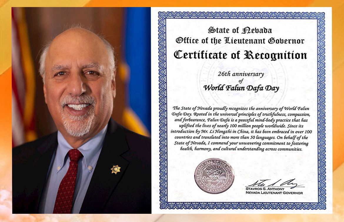 '图2:斯塔夫罗斯‧安东尼(Stavros S.Antony)表彰法轮大法促进健康、和谐以及跨小区文化理解方面所做出的坚定奉献。'