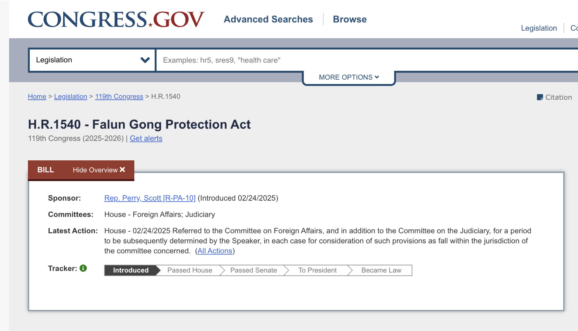 图2:《法轮功保护法案》官方网站截图。