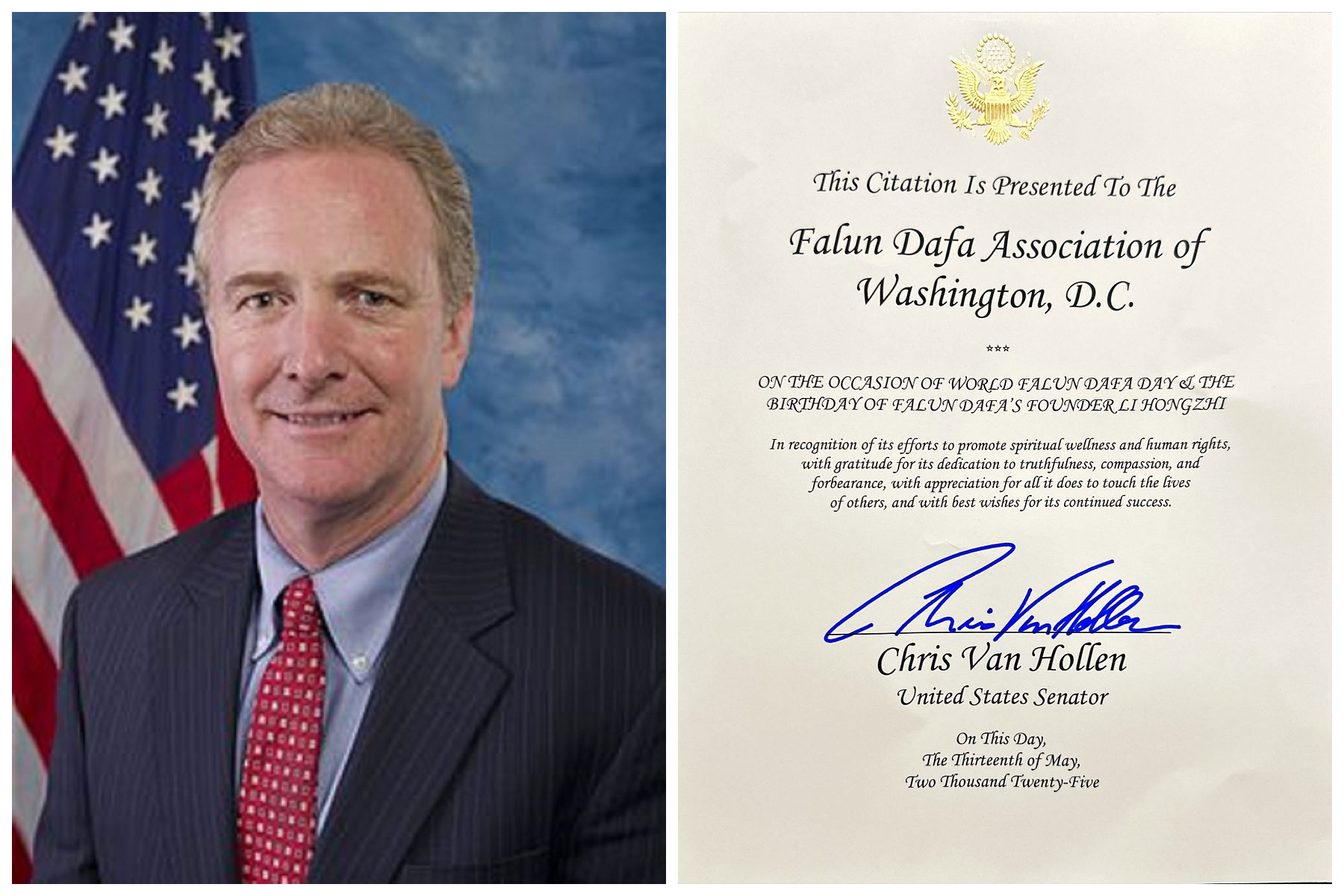 图:美国马里兰州联邦参议员克里斯·范·浩伦(Chris Van Hollen)颁发褒奖,庆祝世界法轮大法日。
