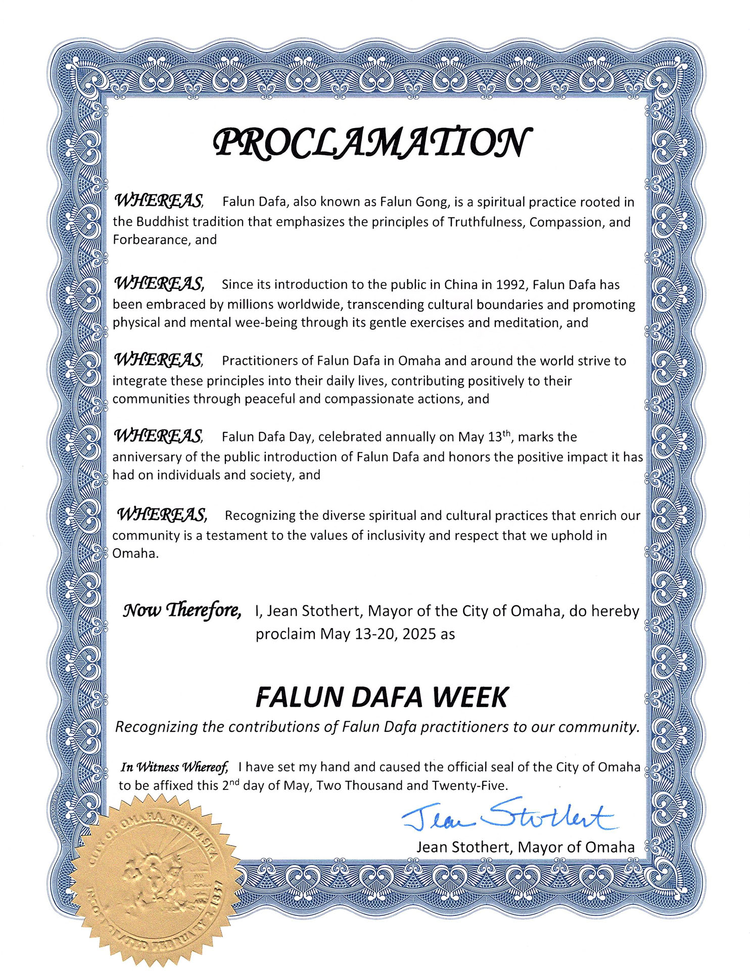图:美国内布拉斯加州奥马哈市市长珍-斯托瑟特(Jean Stothert)褒奖信,宣布“法轮大法周”。