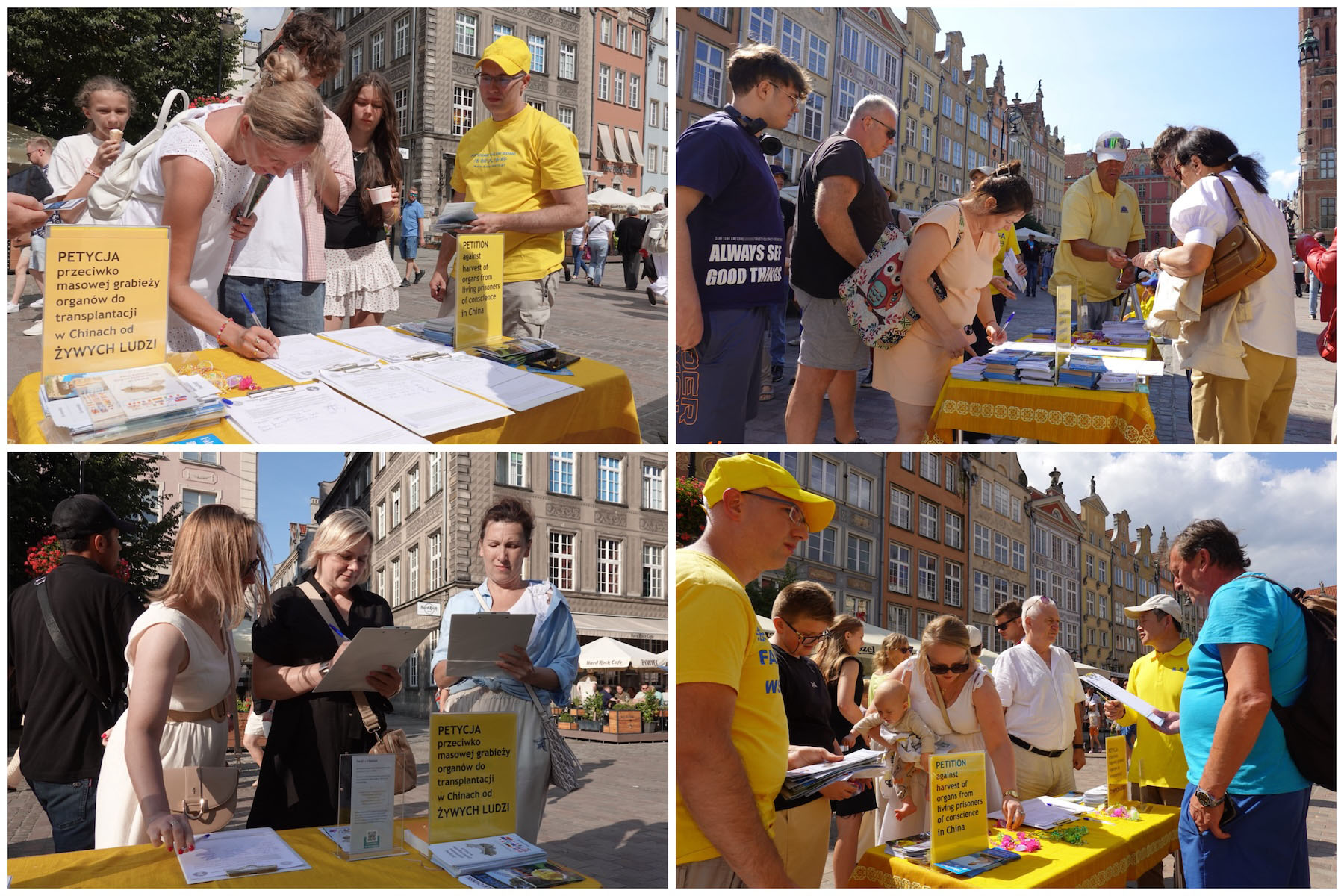 图7~10:众多游客市民听真相,纷纷在反活摘器官的征签表上签名,支持法轮功反迫害