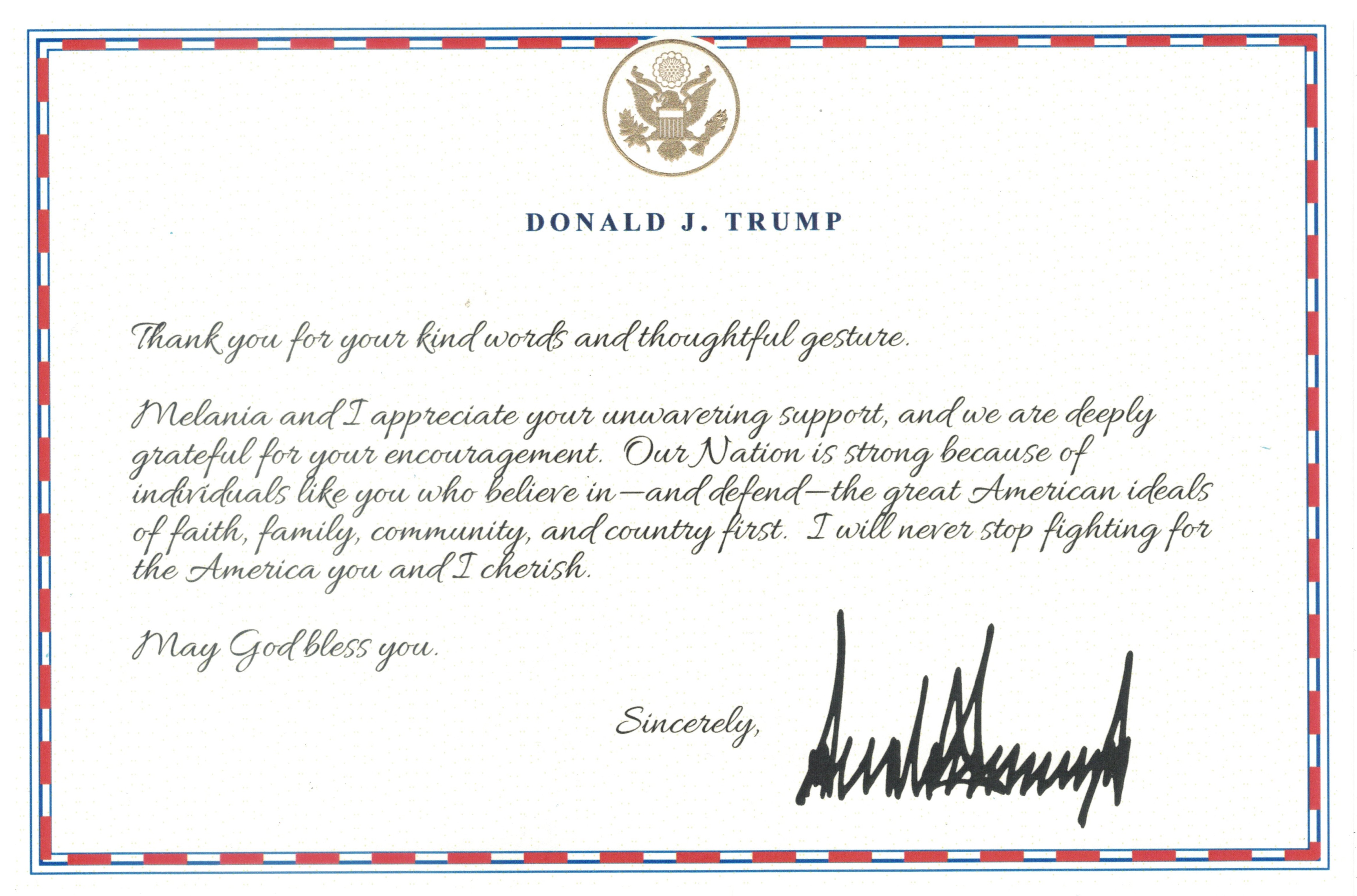 美国总统唐纳德·J·川普先生的回执