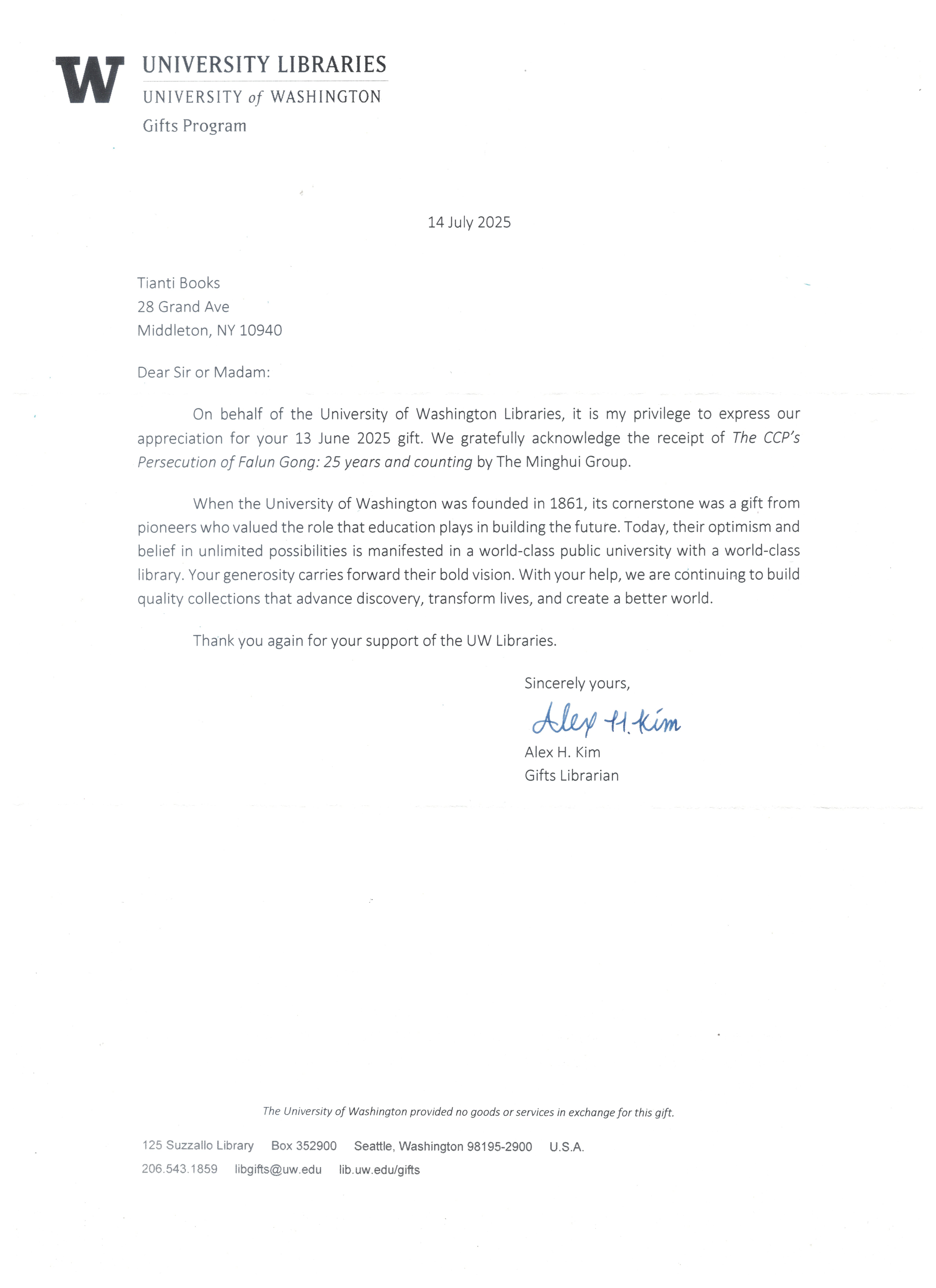 华盛顿大学图书馆的回执