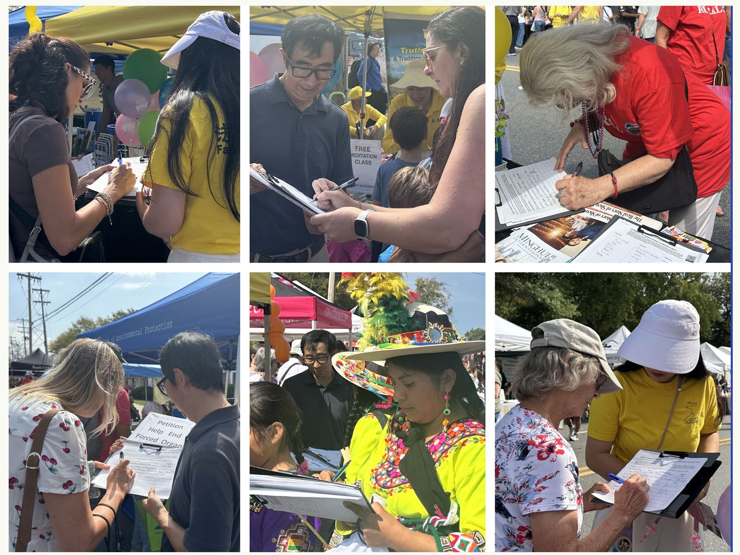 图9:很多人在展位前了解中共迫害法轮功的真相后,纷纷签名呼吁制止迫害。