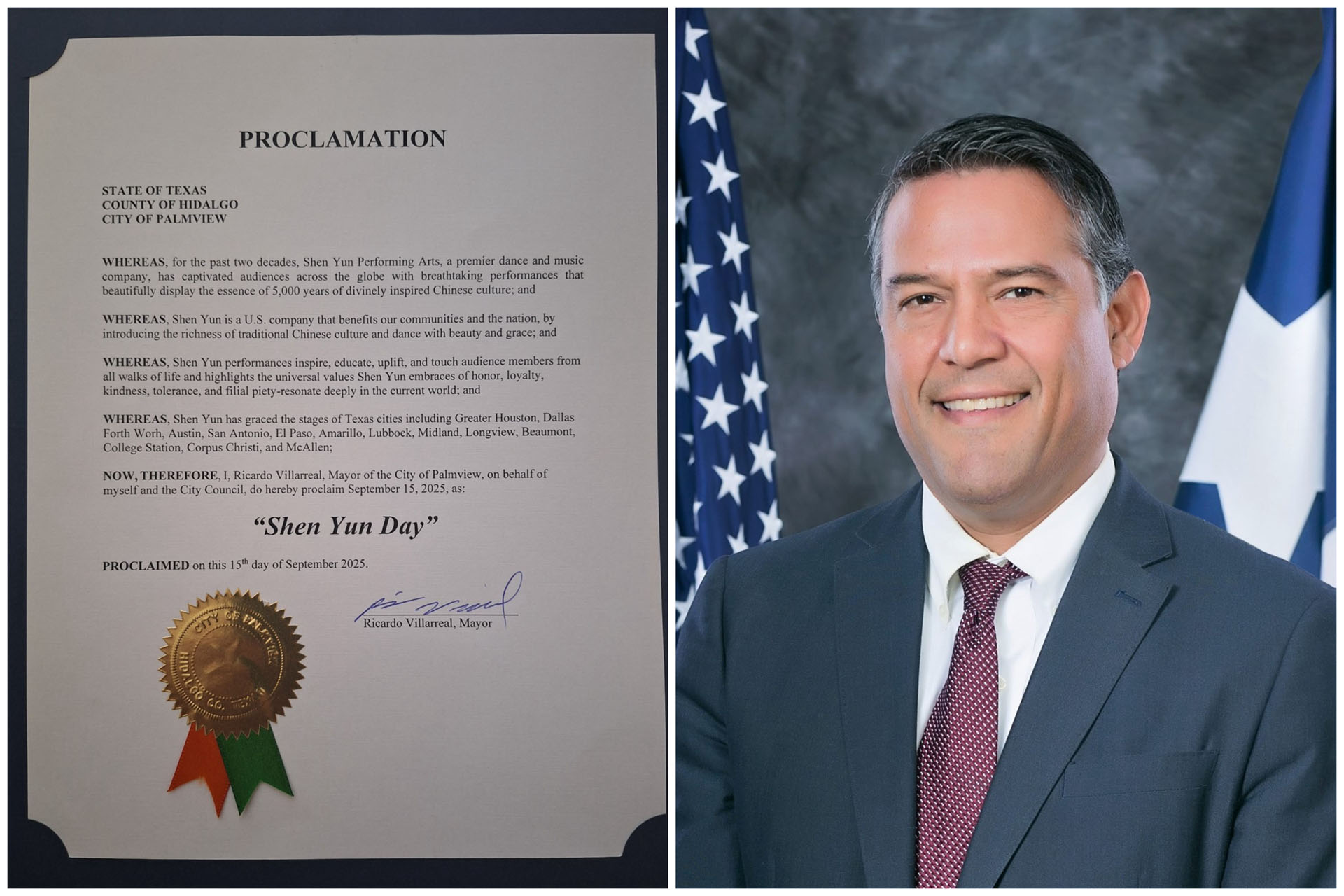 图1:德克萨斯州棕榈景市市长里卡多·比利亚雷亚尔(Ricardo Villarreal)宣布,二零二五年九月十五日为该市“神韵日”。