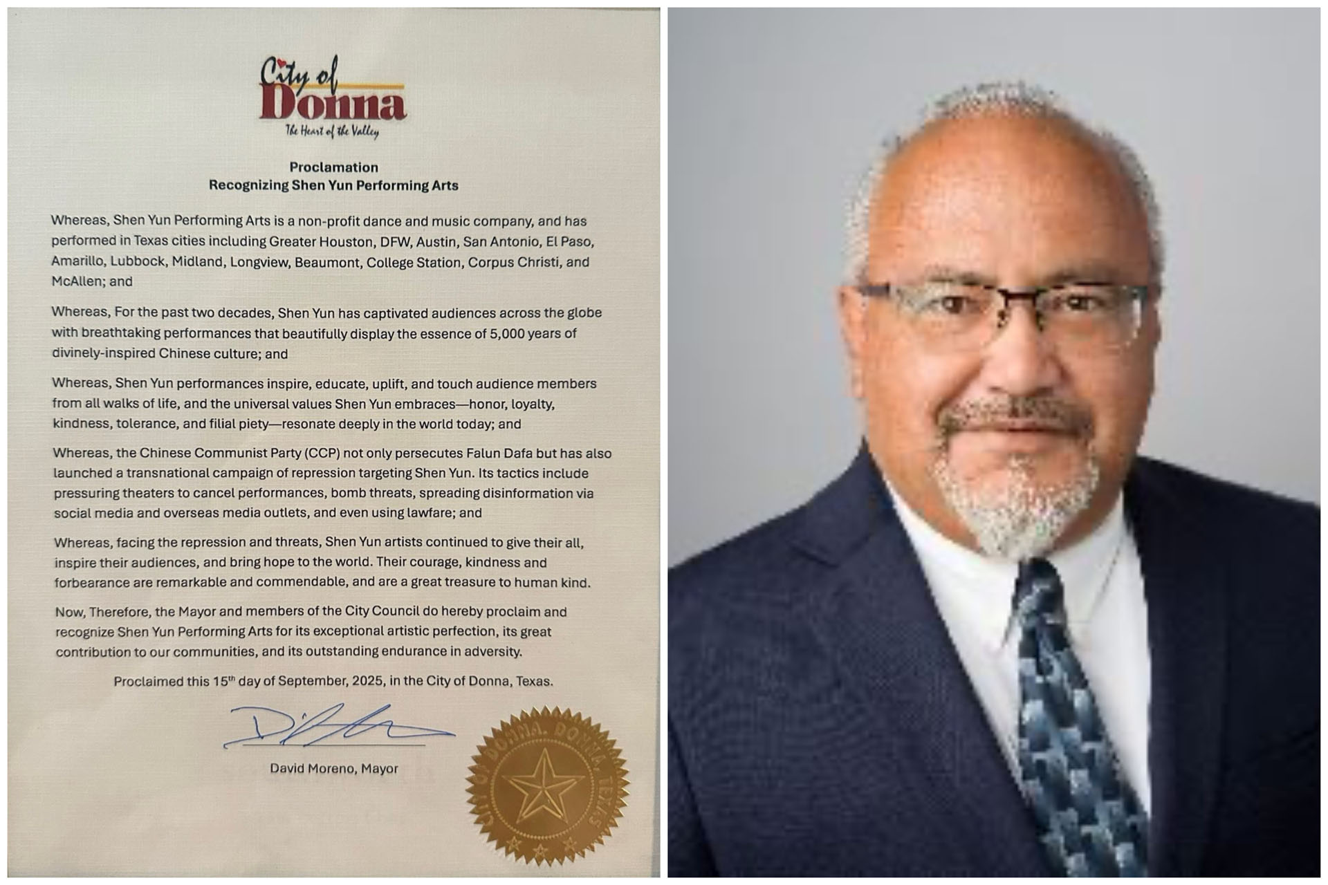 图2:二零二五年九月十五日,德克萨斯州唐纳市市长大卫·莫雷诺(David Moreno)褒奖神韵。