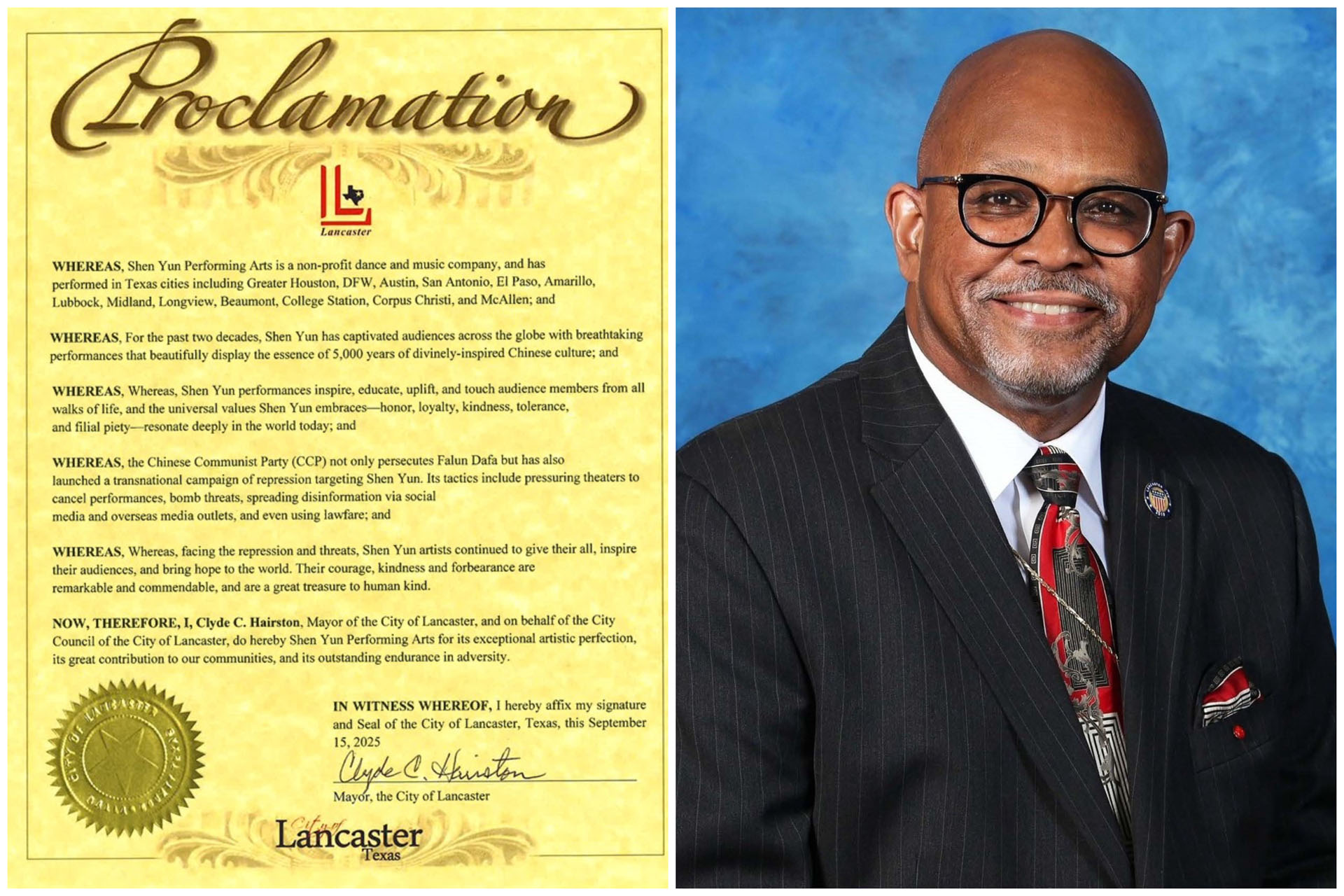 图3:二零二五年九月十五日,德克萨斯州兰卡斯特市市长克莱德·C·海尔斯顿(Clyde C. Hairston)向神韵颁发褒奖。
