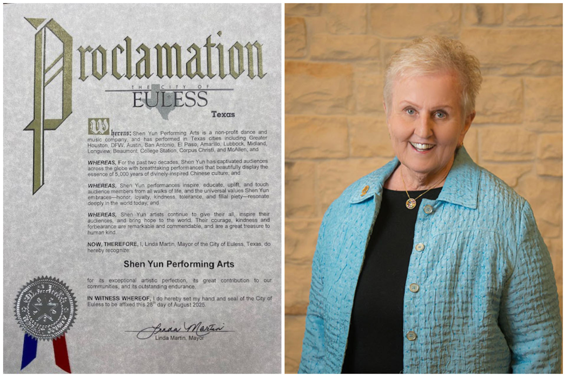图4:二零二五年八月二十八日,德克萨斯州尤勒斯市市长琳达·马丁(Linda Martin)向神韵颁发褒奖。