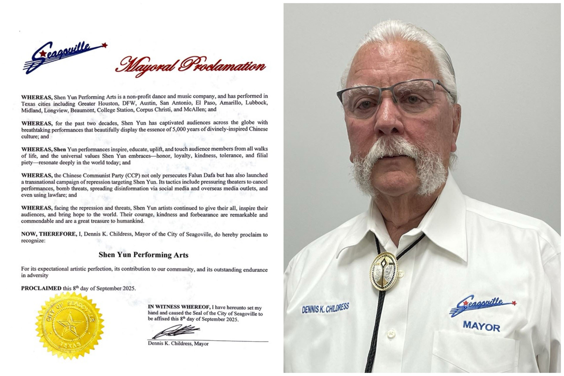 图5:二零二五年九月八日,德克萨斯州西戈维尔市长丹尼斯·K·奇尔德里斯(Dennis K. Childress)向神韵颁发褒奖。