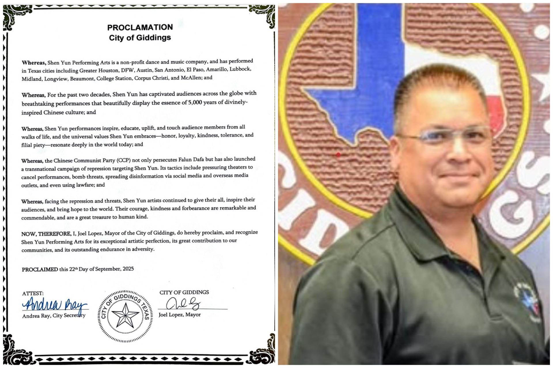 图6:二零二五年九月二十二日,德克萨斯州吉丁斯市长乔·洛佩兹向神韵艺术团颁发褒奖。