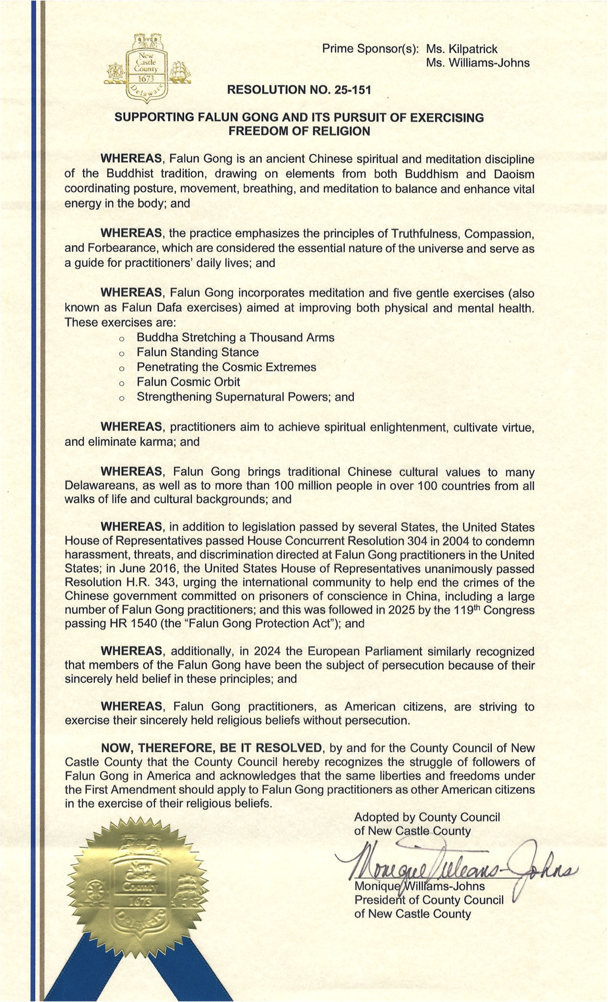 图3:美国特拉华州纽卡斯县议会于二零二五年八月二十六日通过的R25-151号决议,支持法轮功学员的信仰自由权利。